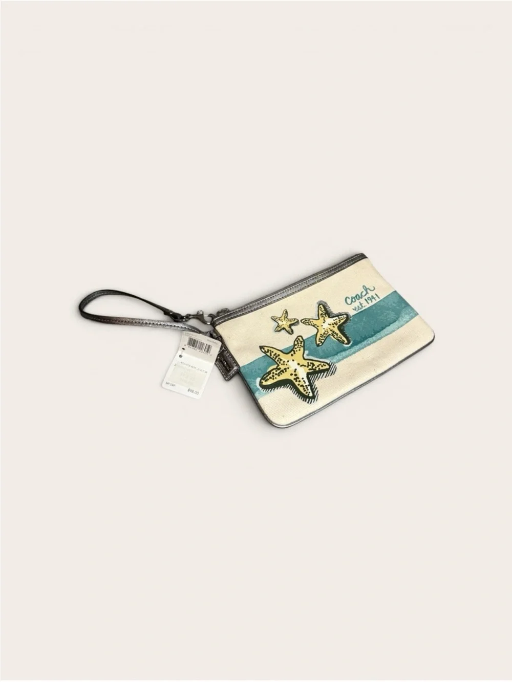 Coach Canvas Starfish Wristlet in Cream & Teal Stripe NWT